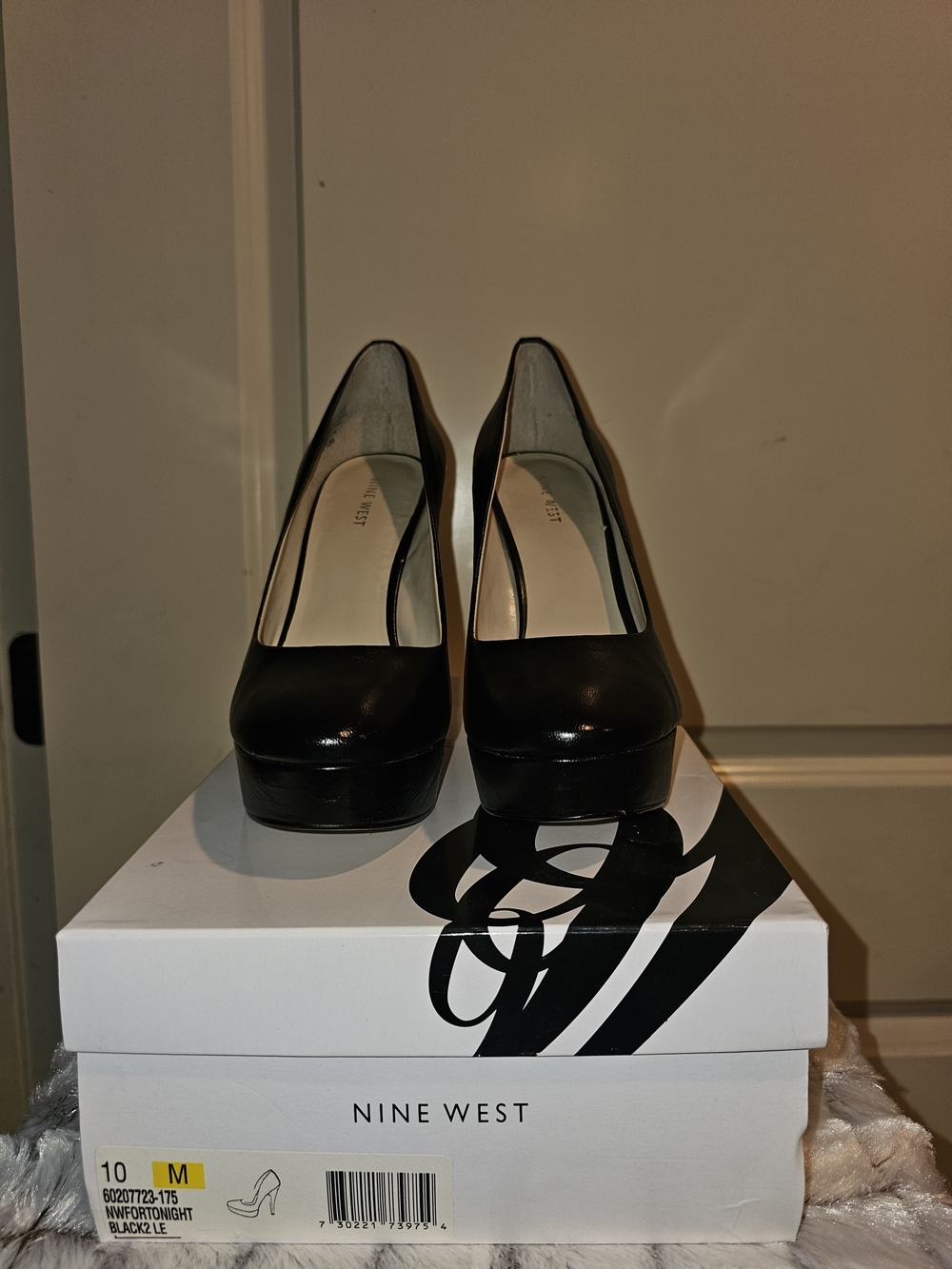 Nine West Black Leather Platform Pumps with Block Heel
